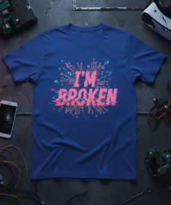 I'm Broken t-shirt design with pink glitch text over a digital circuit board pattern on a blue shirt