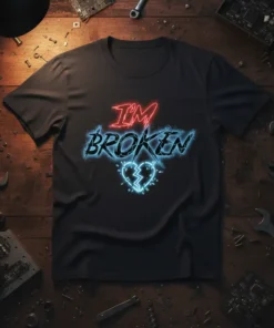 I'm Broken neon quote on a black t-shirt with a glowing broken heart graphic