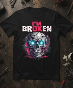 Black t-shirt with bold pink and white "I'M BROKEN" text above a detailed, glowing-eyed mechanical skull design