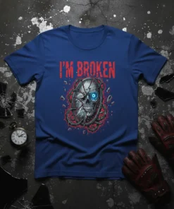 I'm Broken t-shirt with a cracked skull graphic and red thorny vines, printed in bold red text