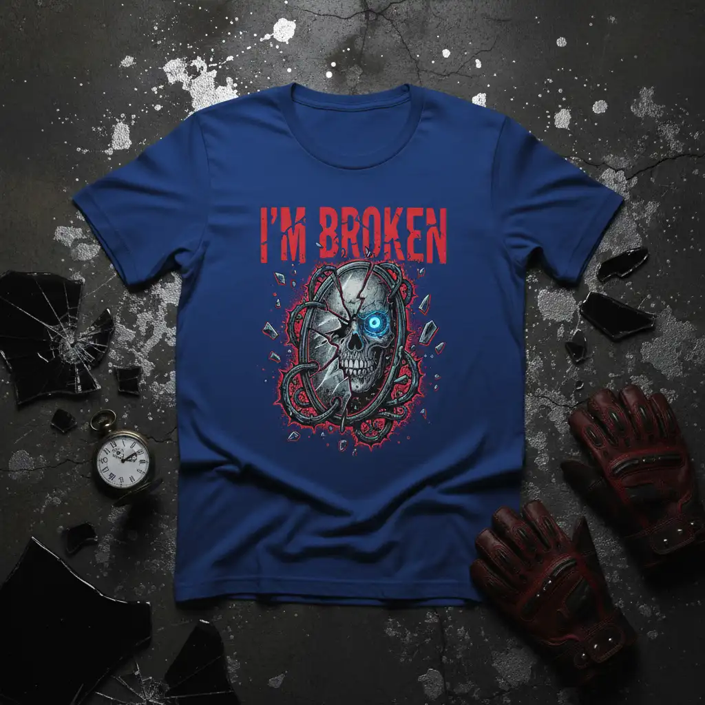 I'm Broken quote t-shirt featuring a cracked skull with blue eye and thorny vines graphic