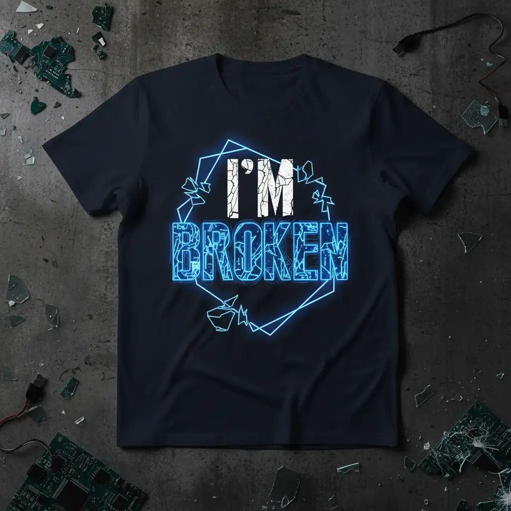 I'M BROKEN quote on a t-shirt with a blue neon circuit board effect and cracked texture design