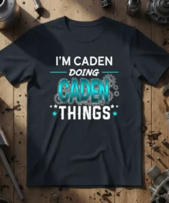 I'm Caden Doing Caden Things personalized name t-shirt with turquoise 3D text and gear graphics
