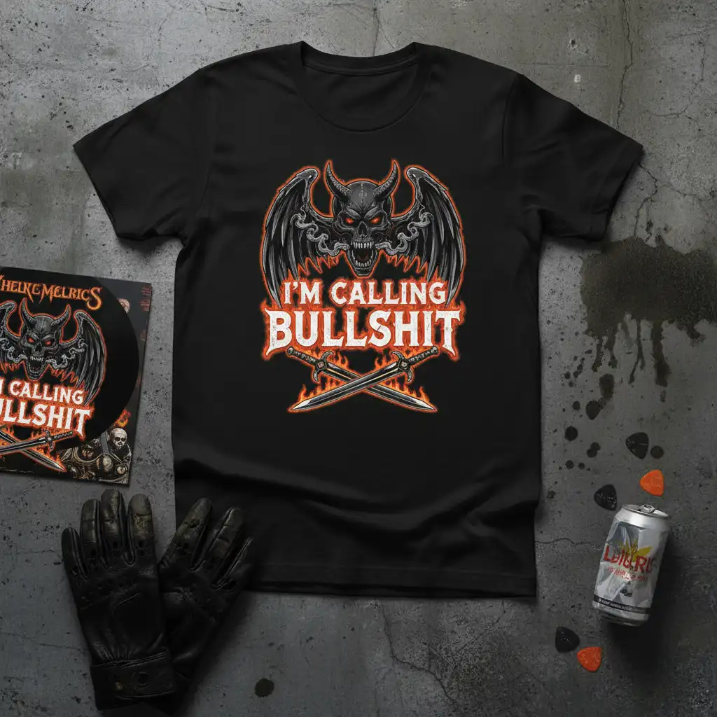 I'm Calling Bullshit bold quote with devil skull and crossed swords graphic on black tee