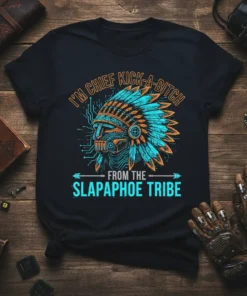 T-shirt design with text "I'm Chief Kick-a-Bitch From The Slapaphoe Tribe" featuring a stylized Native American chief with tribal headdress