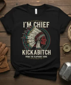 I'm Chief Kickabitch From The Slapahoe Tribe text with Native American headdress graphic on a black t-shirt