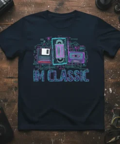 IM CLASSIC T-Shirt design with retro floppy disk, VHS tape, and cassette tape on circuit board background