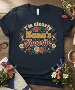 Retro floral t-shirt design with the text "i'm clearly Nana's Favorite" in vintage font, featuring hummingbirds and roses