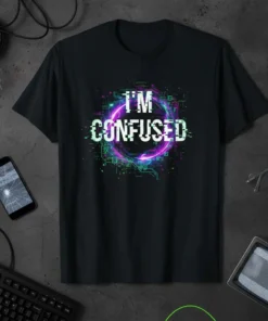 Black t-shirt with "I'M CONFUSED" text in white glitch font inside a neon purple and green digital circle