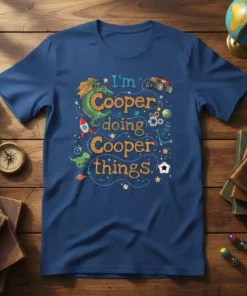 I'm Cooper doing Cooper things personalized t-shirt with dragon, dinosaur, rocket, and monster truck graphics
