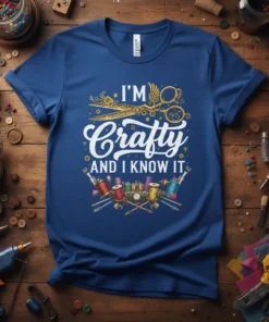 I'm Crafty And I Know It quote on a blue t-shirt with golden scissors, spools of thread, and sewing needles