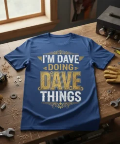 Blue t-shirt with "I'M DAVE DOING DAVE THINGS" text in white and gold distressed font, featuring vintage wings and decorative
