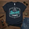 Navy t-shirt with "I'M DOING Julian THINGS" text in a decorative frame, featuring the name Julian in a prominent teal