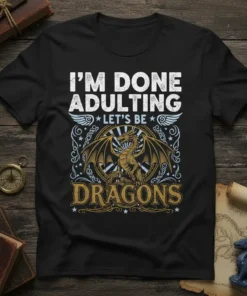 T-shirt with white text "I'm Done Adulting Let's Be Dragons" above a golden dragon graphic