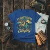 I'm Done Teaching Let's Go Camping t-shirt with mountain sunset graphic in retro style
