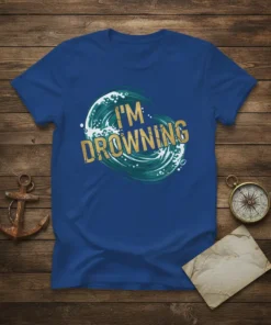 I'm Drowning text with a green and white wave graphic on a blue t-shirt