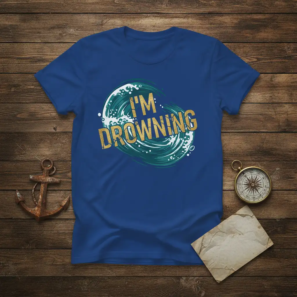 I'm Drowning quote with a dynamic wave illustration on a comfortable blue tee