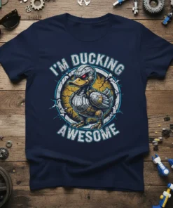 I'm Ducking Awesome robot duck design with text, circular frame, and cracked texture on navy t-shirt