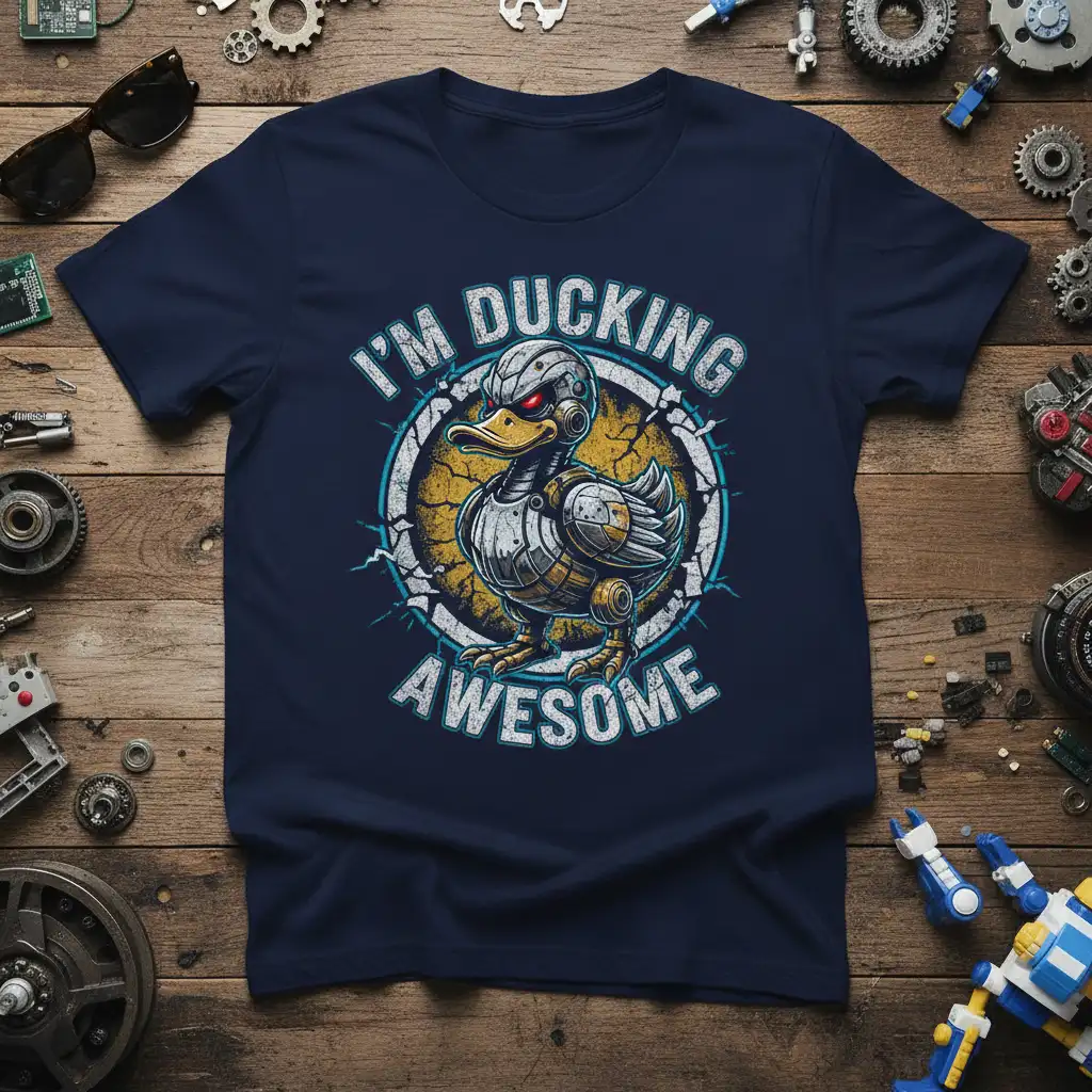 I'm Ducking Awesome robot duck quote on a t-shirt with steampunk-inspired design elements