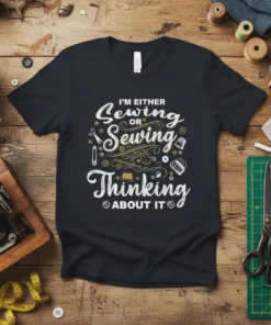 I'M EITHER SEWING OR SEWING THINKING ABOUT IT t-shirt design with sewing graphics and typography