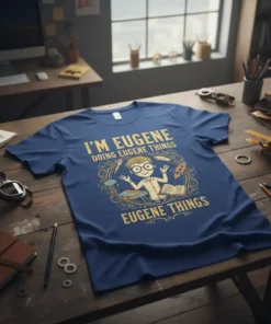 T-shirt with "I'm Eugene Doing Eugene Things Eugene Things" text, featuring a cartoon character with glasses and books, surrounded by