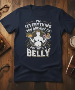 I'm Everything You Dreamt Of But With A Belly humorous quote t-shirt design with graphic of a crowned figure holding