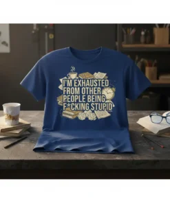 I'm Exhausted From Other People Being F*cking Stupid humorous quote on a dark blue t-shirt, surrounded by books and a