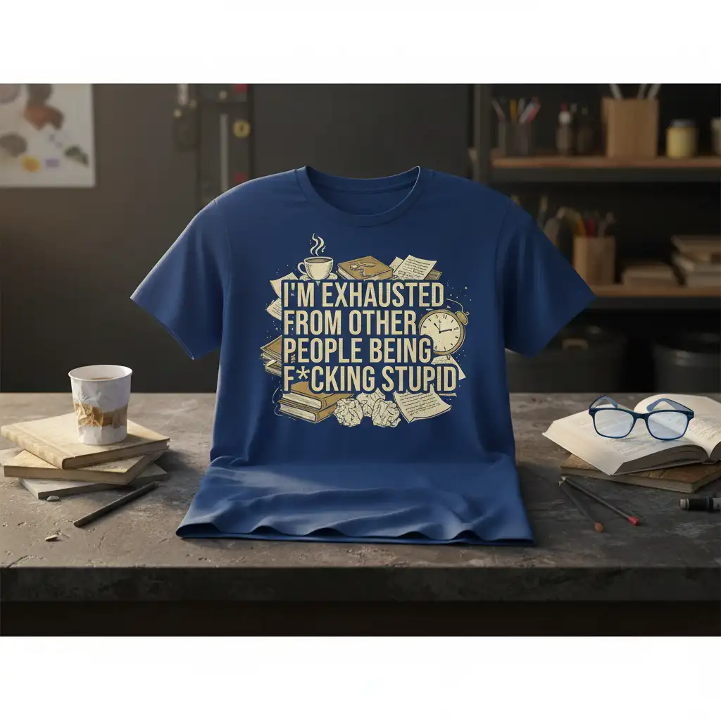 I'm Exhausted From Other People Being F*cking Stupid quote graphic with books and alarm clock on a navy blue t-shirt