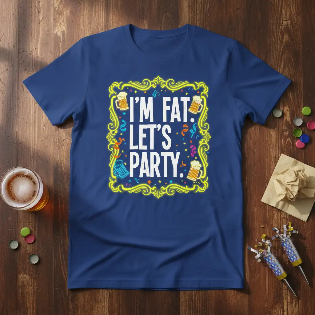 I'M FAT. LET'S PARTY. bold typography printed on quality cotton blend creating a standout t-shirt