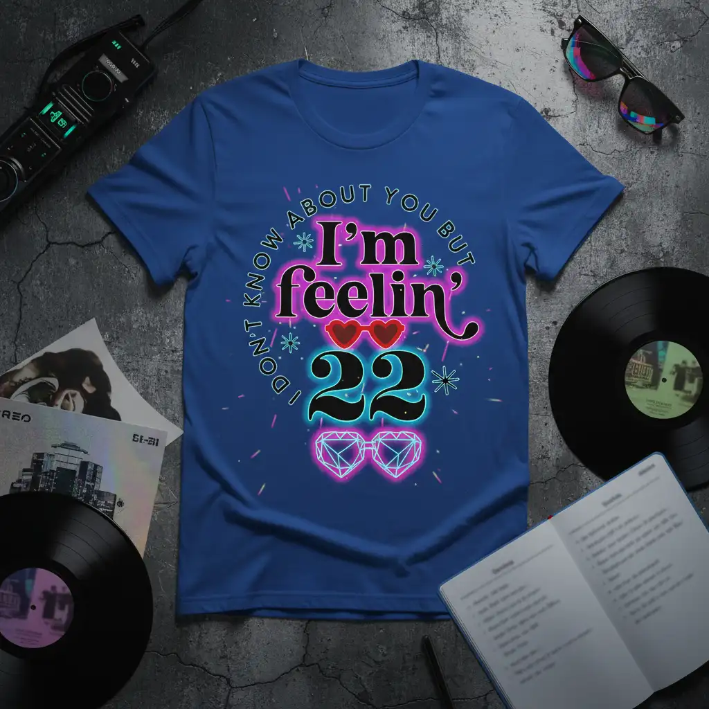 I'm Feelin' 22 Don't Know About You But quote with neon hearts and diamond glasses graphic on a blue tee