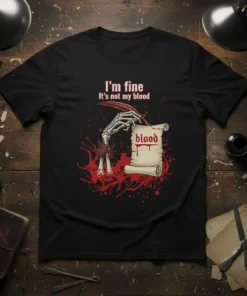 I'm fine It's not my blood quote on a black t-shirt with a skeleton hand writing blood on a scroll