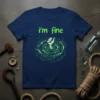 Navy t-shirt with neon green text "i'm fine" and a graphic of a hand in a vortex