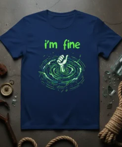 Navy t-shirt with neon green text "i'm fine" and a graphic of a hand in a vortex