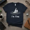 Dark navy t-shirt with white text "i'm fine" and a sketch of a hand giving a thumbs up in rippling