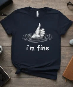 Dark navy t-shirt with white text "i'm fine" and a sketch of a hand giving a thumbs up in rippling