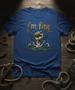 I'm Fine T-Shirt with a distressed graphic of a fist emerging from wavy water