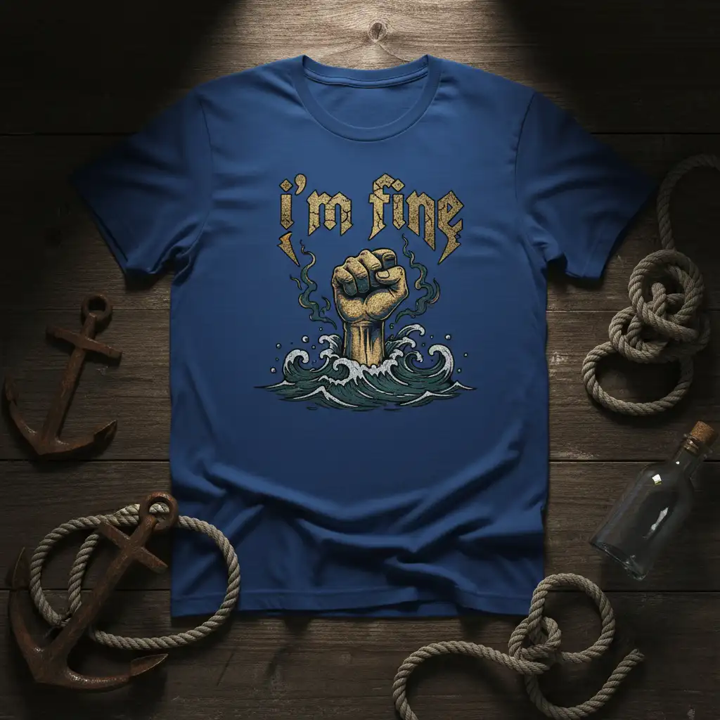 I'm Fine distressed quote t-shirt with fist graphic rising from waves