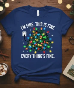 I'm Fine. This Is Fine. Everything's Fine. text with tangled Christmas lights graphic on a navy blue t-shirt