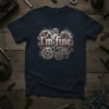 Navy t-shirt with distressed "I'm fine." text surrounded by industrial gears and mechanical parts graphic