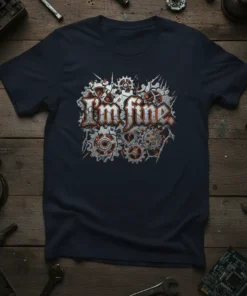 Navy t-shirt with distressed "I'm fine." text surrounded by industrial gears and mechanical parts graphic