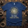 I'm Fine. This Is Fine. quote on a t-shirt with a tangled ball of Christmas lights and a distressed smiley
