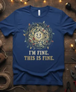 I'm Fine. This Is Fine. quote on a t-shirt with a tangled ball of Christmas lights and a distressed smiley