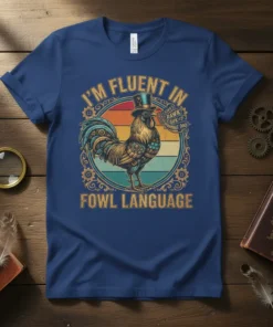 I'm Fluent in Fowl Language T-Shirt with a steampunk rooster wearing a top hat, surrounded by gears and a sunset
