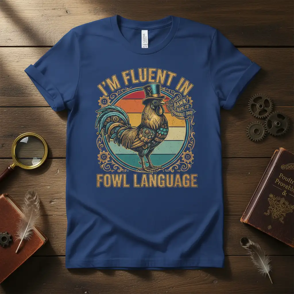 Steampunk rooster wearing a top hat on I'm Fluent in Fowl Language shirt design
