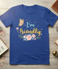 I'm Friendly quote on a blue t-shirt with a pink butterfly and floral border