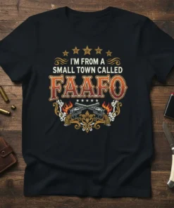 T-shirt with "I'm From A Small Town Called FAAFO" text, featuring crossed revolvers and flames