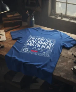 I'm From The Government And I'm Here To Help quote on a blue t-shirt with circuit board and progress bar