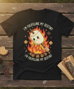 Black t-shirt with "I'm Fulifilling My Destiny" text and a cute marshmallow roasting over a campfire graphic