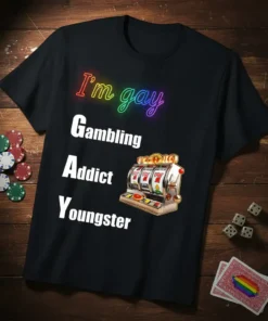 I'm gay Gambling Addict Youngster text with slot machine graphic on black t-shirt