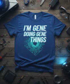 I'm Gene Doing Gene Things quote with circuit board graphic on a blue t-shirt